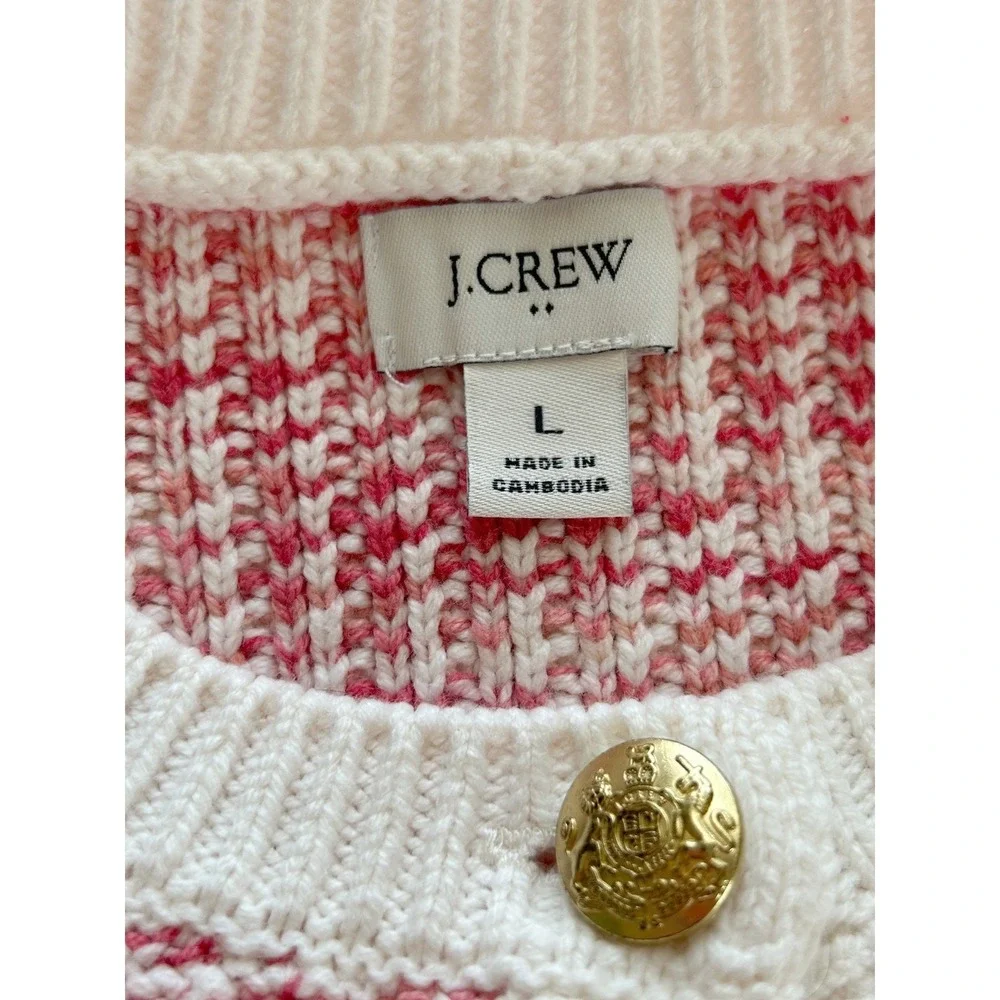 J.Crew Lady Cardigan Sweater‎ Womens Size L Pink White Tweed Knit Gold Buttons